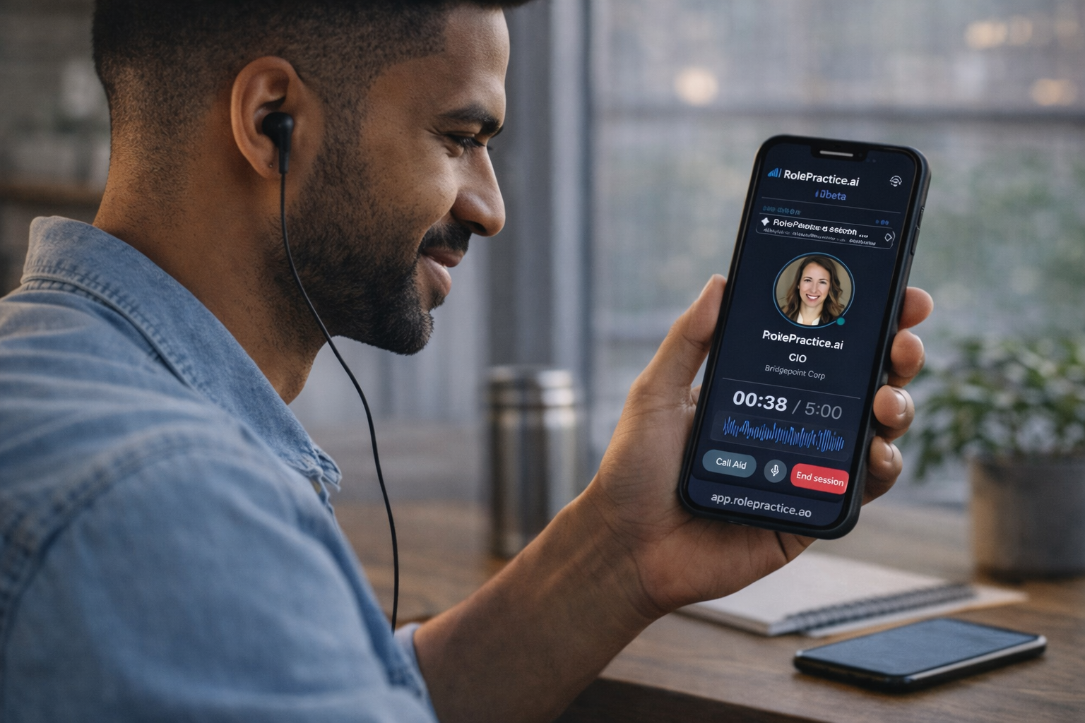 Sales professional practicing with AI-powered roleplay training